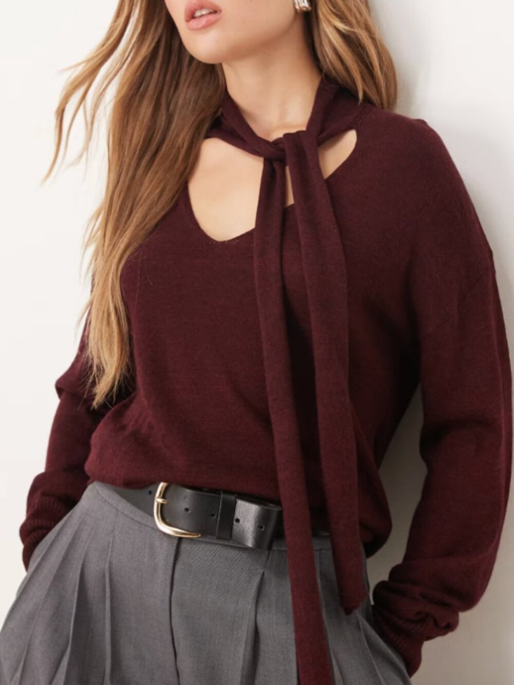 Mango v-neck knit sweater with scarf detail in burgundy size XS